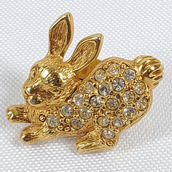 Easter Bunny Rabbit Hat Pin Vtg Avon Gold Tone With Rhinestones Tack Pin Brooch - Picture 1 of 8
